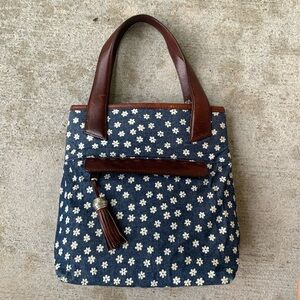 Brighton Small Vintage Jean purse with small white flowers and leather accents